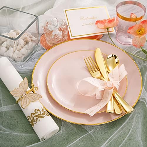 Rubtlamp 210Pcs Plastic Pink Plates with Gold Plastic Silverware Set Include 30Pink Dinner & 30 Dessert Plates, 90Gold Cutlery, 30Gold Cups, 30Napkins, Pink Dinnerware for Valentines&Mother's Day - Image 2