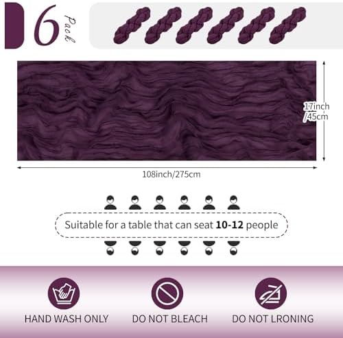 6 Pack Dark Purple Cheesecloth Table Runner 17x108 Inch Semi Sheer Boho Gauze Cheese Cloth Fabric Table Runners Table Decor for Wedding Party Baby Shower Birthday Home Decor Garden Farmhouse - Image 2
