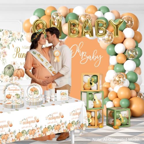 cocomigo Little Pumpkin Baby Shower Decorations, All-in-1 Set for 25 Guests - Image 6