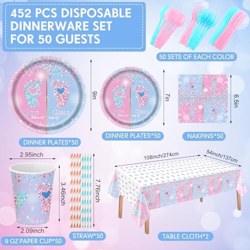 Funnymoom 452 Pcs Gender Reveal Party Decoration for 50 Guests, Boy or Girl Paper Plates and Napkins Cups Tablecloth Cutlery Disposable Tableware Set for Gender Reveal Party Supplies - Image 3