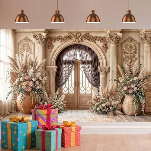 10X6.5ft Retro European Wedding Backdrop Boho Flowers Wedding Pattern Photography Background Classic Bridal Shower Portrait Party Decoration Supplies Cake Table Photo Booth Studio Props - Image 4