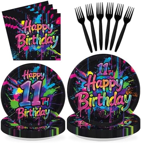 96 Pcs Neon Graffiti 11th Birthday Party Decorations, Serves 24 by Greencian