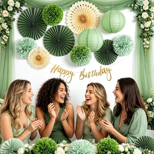 SUNBEAUTY Sage Green Birthday Decorations for Women Green Tissue Pom Poms Paper Lanterns Party Decorations Happy Birthday Banner Sage Green Paper Fans for Spring Garden Party Wedding Bridal Shower - Image 5