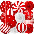 13PCS Christmas Decorations Ornaments Set – 9 Red White Hanging Paper Lanterns, 4 Pom Poms for Indoor, Home, Xmas Party, Porch Decor by Renbuzhu