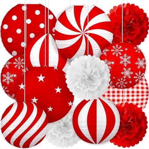 13PCS Christmas Decorations Ornaments Set – 9 Red White Hanging Paper Lanterns, 4 Pom Poms for Indoor, Home, Xmas Party, Porch Decor by Renbuzhu