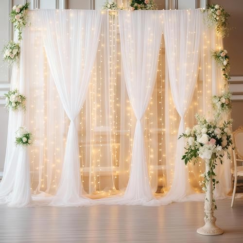 30ft x 10ft White Backdrop Curtain with Lights for Parties, Sheer Wedding Photo Backgrounds Tulle Drapes for Baby Shower Birthday Party Decorations Backdrop for Photography by Shillance
