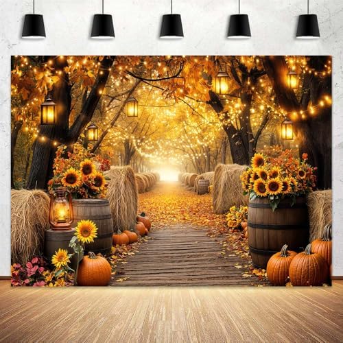 Fall Photo Backdrop, Autumn Forest Scenery Maple Leaves Pumpkins Sunflowers Photography Background, Fall Farm Harvest Thanksgiving Day Friendsgiving Party Decorations Photo Booth 8X6FT - Image 5