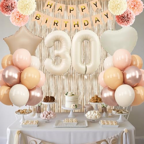 Beige Happy 30th Birthday Party Decoration for Her Cream Number 30 Balloon - Image 3