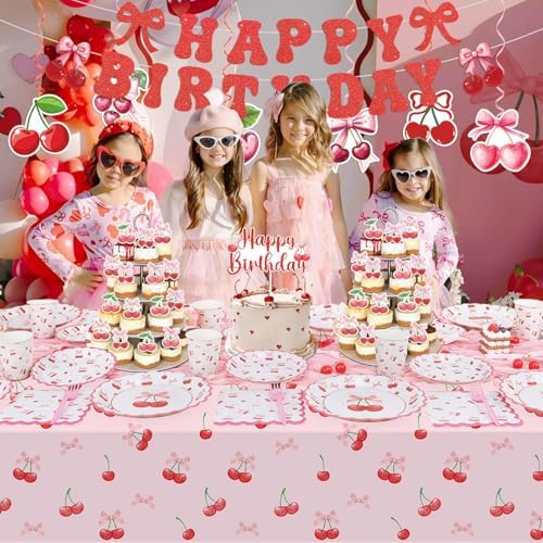 Cherry Birthday Decorations, 182Pcs Cherry Plates Napkins Cups Forks Tablecloth Banner Hanging Swirls Cupcake Toppers and Ballons for Cherries Themed Party Decorations - Image 2