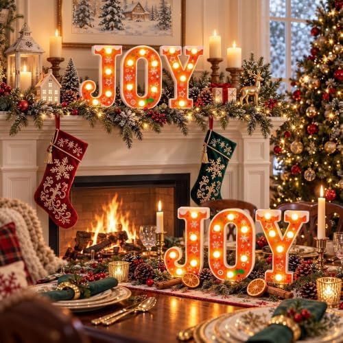 Christmas Gingerbread Joy Sign Light up Decor, 3 Pcs LED Christmas Letter Warm Lights, Battery Operated Holiday Tabletop Decoration for Mantel Fireplace Home Xmas Party Gift - Image 6