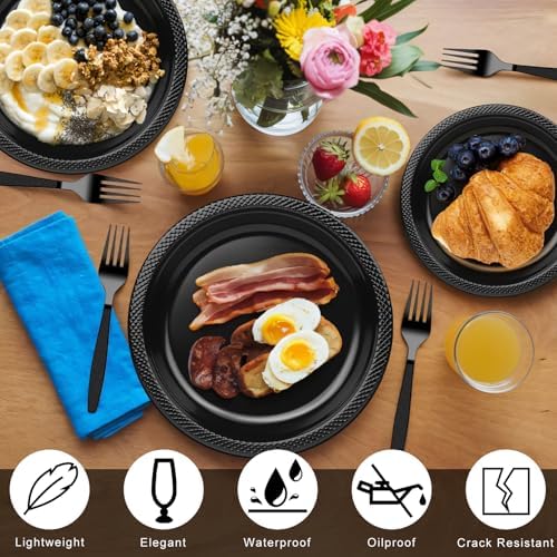 50Pcs Black 9 Inch Disposable Plastic Plates for Party, Black Party Plate Set for 50 Guests, Plastic Party Supplies Dinnerware for Graduation, Retirement, Birthday, BBQ - Image 3