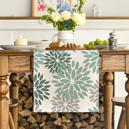 Artoid Mode Light Green Dahlia Floral Pinnata Spring Table Runner, Seasonal Kitchen Dining Table Decoration for Home Party Decor 13x36 Inch - Image 2