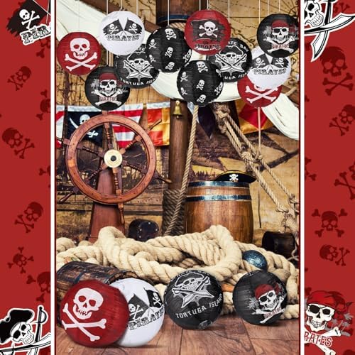 Panelee 12 Pcs Pirate Theme Paper Lanterns Birthday Party Decorations 8 Inch Hanging Round Paper Lanterns for Halloween Party Decorations Holiday Indoor Outdoor Ceiling Ornament Supplies - Image 4