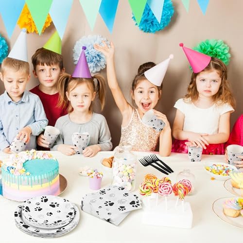 Kochorie 144 Pieces Black Paw Print Party Tableware Sets Including Disposable Plates Napkins Cups Forks Serves 24 for Dog Puppy Theme Party Supplies - Image 6