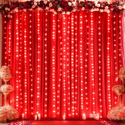 20x10FT Red Backdrop Curtains with Lights for Parties,Wrinkle Free Wedding Photo Backdrop Curtains for Valentines Baby Shower Birthday Ceremony Reception Home Party Decorations-5ft x 10ft,4 Panels by Partisky