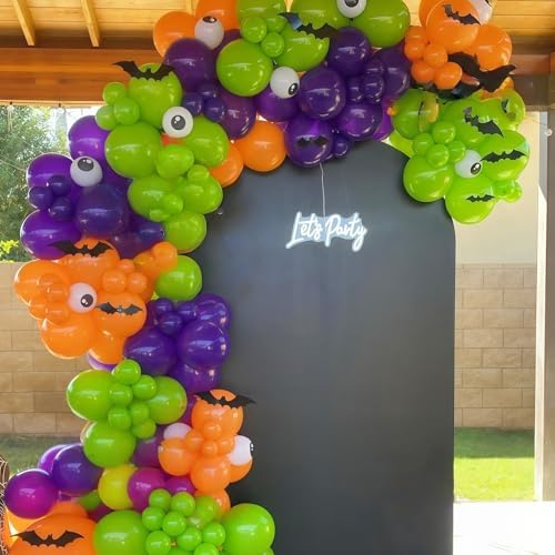 Halloween Balloon Arch Garland Kit, Dark Purple Bright Light Lime Green Orange White Eyeball Balloons with 3D Bat Pumpkin Spider Ghost Foil Balloon for Halloween Spooky Indoor Outdoor Party Decoration - Image 3