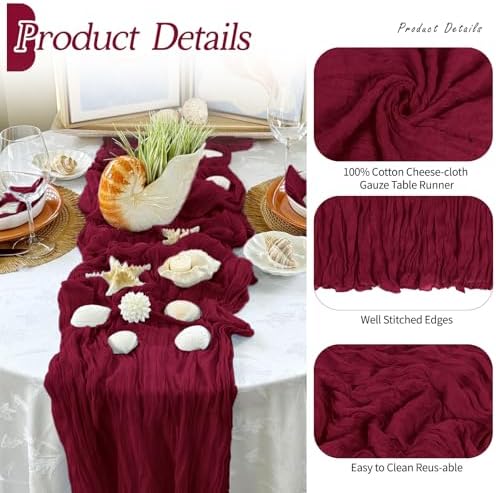 3 Pack Burgundy Cheesecloth Table Runner 17x108 Inch Semi Sheer Boho Gauze Cheese Cloth Fabric Table Runners Table Decor for Wedding Party Baby Shower Birthday Home Decor Garden Farmhouse - Image 5