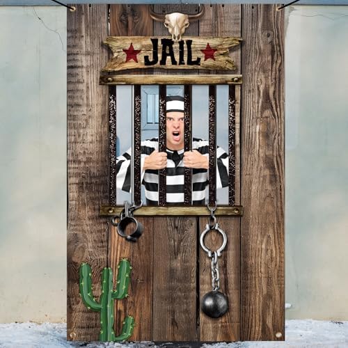 Lunmon 6x4 ft Halloween Backdrop Wood Jail Prison Face Cutout Holes - Image 4