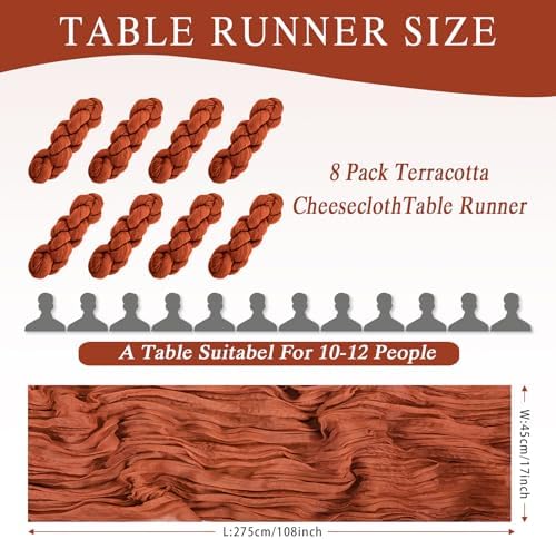 8 Pack Terracotta Cheesecloth Table Runner 17x108 inch Boho Gauze Cheese Cloth Table Runners for Wedding Party Baby Bridal Shower Home Decor - Image 2