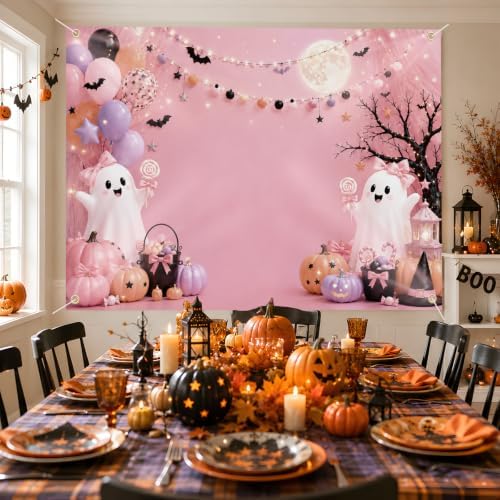 Xzentira Pink Halloween Backdrop 7x5 FT Cute Ghost Pumpkin Halloween Party Decorations Photo Booth Background for Girls Kids Adult - Image 5