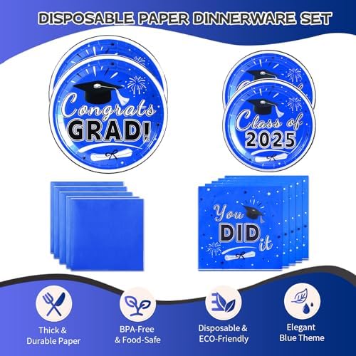 Graduation Plates and Napkins 2025 – 200PCS Blue Graduation Party Decorations Pack, Disposable Paper Plates & Napkins for 50 Guests – Perfect for 2025 Congrats Grad Party Supplies - Image 3