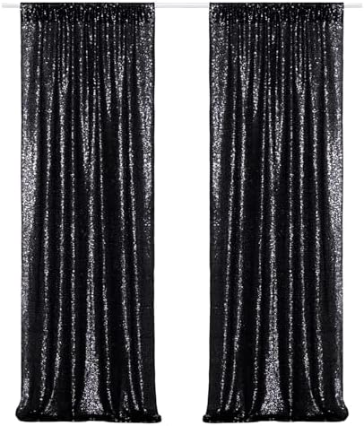 Poise3EHome Black Sequin Backdrop Curtains, 2 Panels 2FTx8FT Glitter Photo Booth Backdrop for Halloween Birthday Bachelorette Wednesday Twilight Party Decorations by Poise3EHome