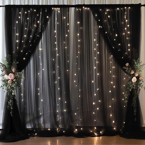 30x10ft Black Tulle Backdrop Curtain with Lights String for Parites, Sheer Backdrop Curtains for Wedding Baby Shower Birthday Party Photo Shoot Decorations by Partisky