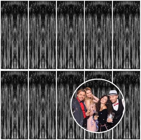 10 Pack Foil Curtain Backdrop Black Metallic Tinsel Foil Fringe Curtains Photo Booth Props for Birthday Wedding Engagement Baby Shower Bachelorette Christmas Holiday Celebration Party by KEJ