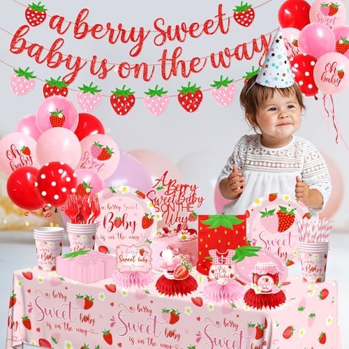 Strawberry Baby Shower Decorations for Girls, 190Pcs A Berry Sweet Baby is on the Way Party Supplies with Plates, Napkins, Cups, Banner, Tablecloth, Balloons, Cake Toppers, Honeycombs Serve 24 - Image 3