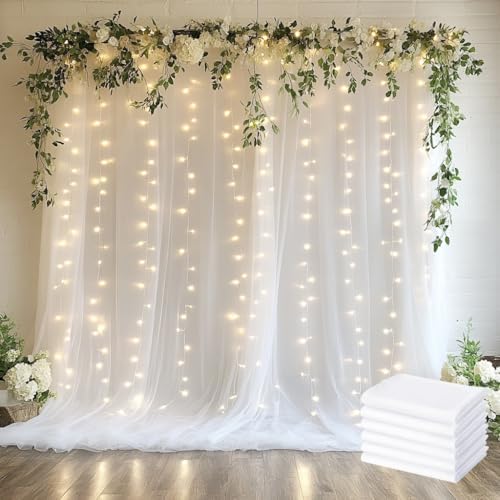 Tulle Backdrop Curtain with Lights 30x8FT White Sheer Tulle Curtain by Xiomot