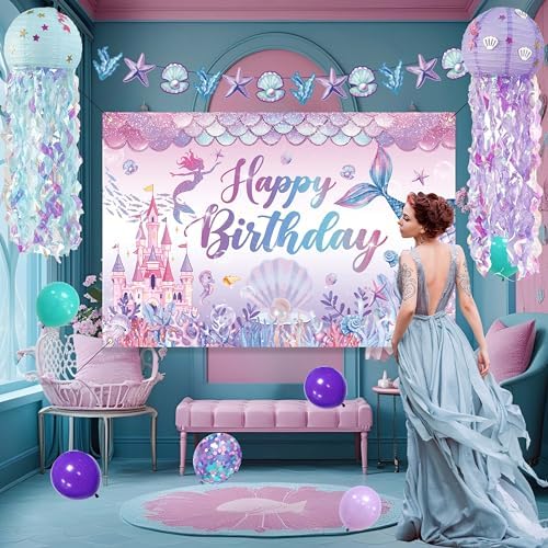 Mermaid Birthday Decorations For Women,Colorful Jellyfish Lanterns,Happy Birthday Backdrop,Banner Balloons,Table Cloth,Paper pom poms Party Supplies for Girls - Image 5