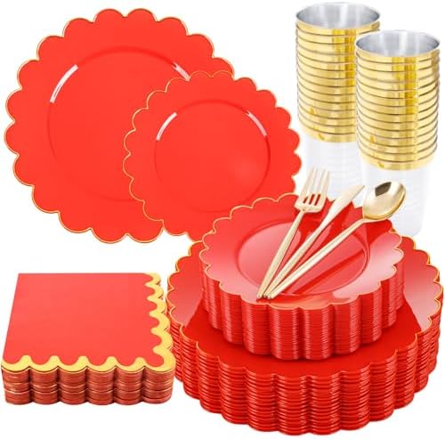 LIYH 210 Pcs Red Gold Scalloped Plastic Plates, Red Plates for Party by LIYHLoveinyourheart