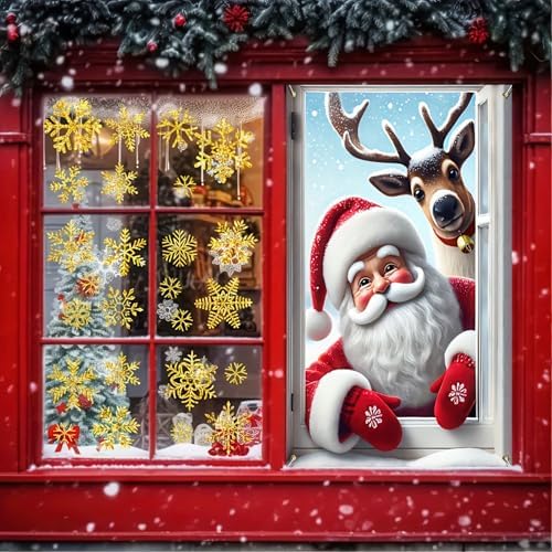 BlissYard Christmas Santa Claus and Reindeer Window Cover Deer Santa Claus Backdrop Photography Background Decoration Xmas Curtain Hanging Banner Holidays Christmas New Year Party Decoration - Image 3
