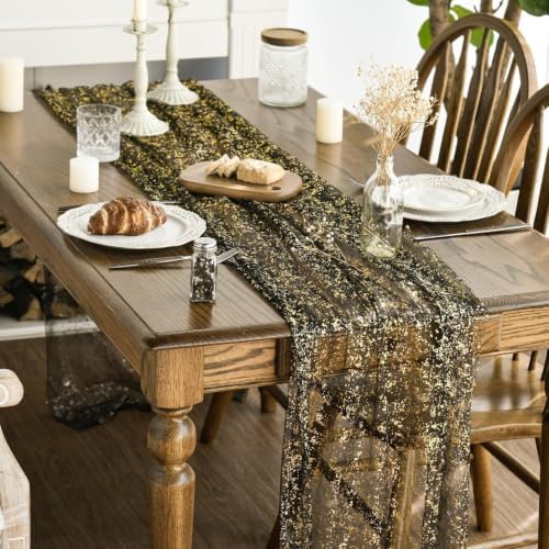 Artoid Mode Black Gold Gauze Table Runner 120 Inch 10FT, Glitter Metallic Foil Sheer Dining Wedding Anniversary Holiday Birthday Table Decor for Home Party - Image 3