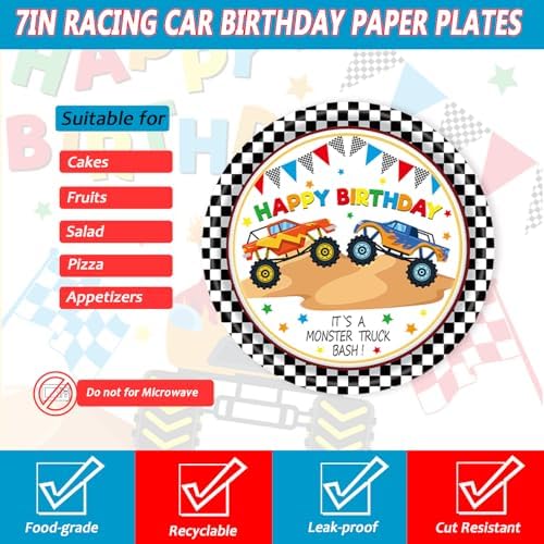 72Pcs Racing Car Party Plates and Napkins Monster Truck Birthday Party Supplies Disposable Checkered Race Tableware Set for Boys Birthday Wheel Sports Baby Shower Decorations Serves 24 - Image 3