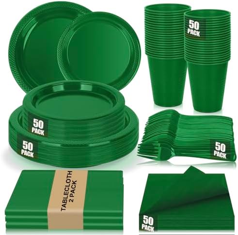 Green Plastic Plates for Party 50 Guests Disposable Green Dinnerware Set by UseOnceDoneRight