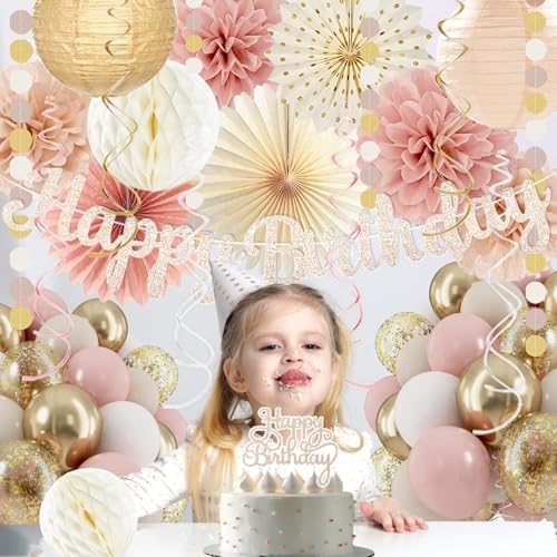 Boho-Pink Birthday Decorations, Happy Banner, Women Paper Lanterns Honeycomb, One Sweet Peach Streamers Garland, Retro Blush Pink Beige Metallic Gold Balloon for Birthdays Party Décor - Image 6