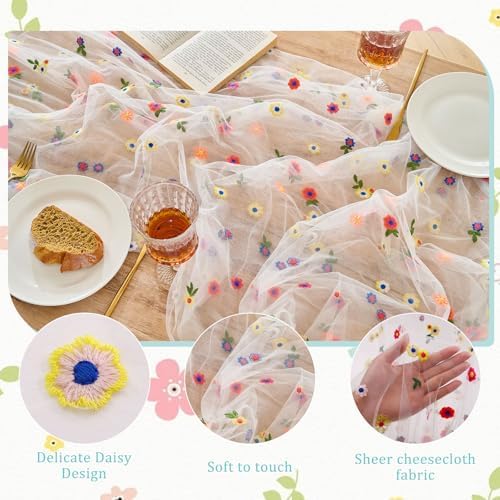 BINBE 3pcs Ivory Daisy Spring Table Runner Embroidery Gauze 10FT Florals Seasonal Tulle Holiday Birthday Kitchen Dining Table Decor for Home Party - Image 3