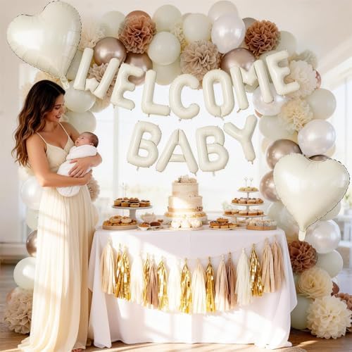 White and Gold Baby Shower Decorations, WELCOME BABY Letter Foil Balloons Banner Backdrop Set with Cream Beige Champagne Gold Latex & Heart Balloon for Newborn Babyboy Babygirl Infant Party Decoration - Image 5