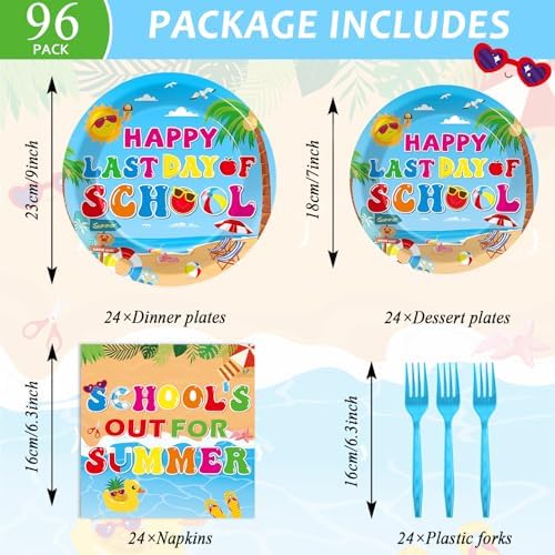 96 Pcs Happy Last Day of School Paper Party Plates and Napkins for Hello Summer Vacation Supplies Summer End of School Year Theme Dessert Tableware Set for 24 Guests Birthday Party Decorations - Image 2