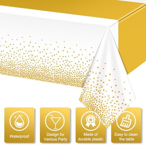 1Pcs White and Gold Tablecloth Party Decorations,Plastic White Table Cloth Printed Gold Table Runner Disposable Rectangle Tables Cover for Birthday Wedding Anniversary Graduation Party,54 x108 Inch - Image 4