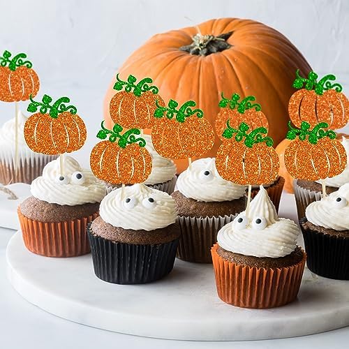 24Pcs Pumpkin Cupcake Toppers Glitter Fall Theme Cupcake Picks Pumpkin Themed Baby Shower Birthday Thanksgiving Halloween Party Cake Decorations Supplies Orange - Image 7