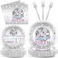 CHUNNIN 96Pcs Dancing Queen Plates and Napkins for 17 Birthday Party Decorations for Girls Silver 17 Year Old Dessert Plates Dancing Queen Tableware Set for 24 Guests 17 Birthday Party Supplies by CHUNNIN