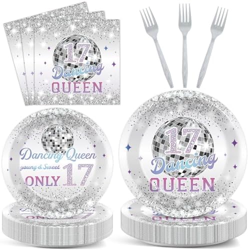 CHUNNIN 96Pcs Dancing Queen Plates and Napkins for 17 Birthday Party Decorations for Girls Silver 17 Year Old Dessert Plates Dancing Queen Tableware Set for 24 Guests 17 Birthday Party Supplies by CHUNNIN