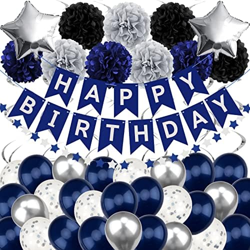 Men's Birthday Decorations - Navy Blue & Black Party Decor with Banner for 30th, 40th, 50th, 60th, 70th Birthdays & Anniversaries by Recosis