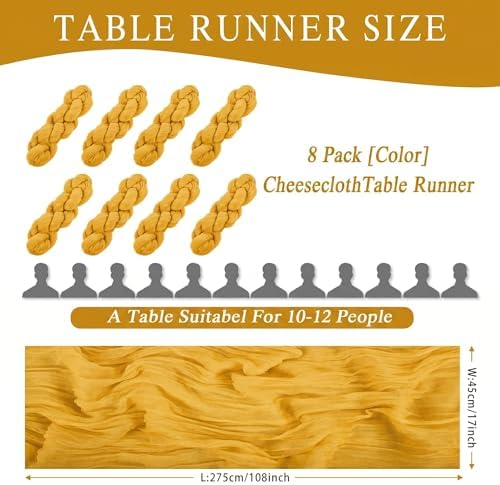 8 Pack Gold Cheesecloth Table Runner 17x108 inch Boho Gauze Cheese Cloth Table Runners for Wedding Party Baby Bridal Shower Home Decor - Image 2