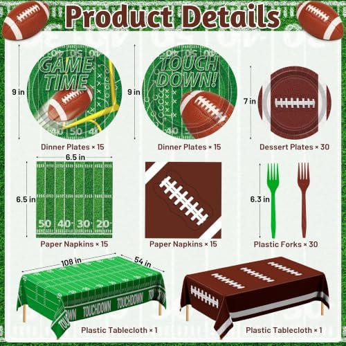 122 Pcs Football Plates and Napkins Serves 30 Guests Football Table Cloth - Image 2