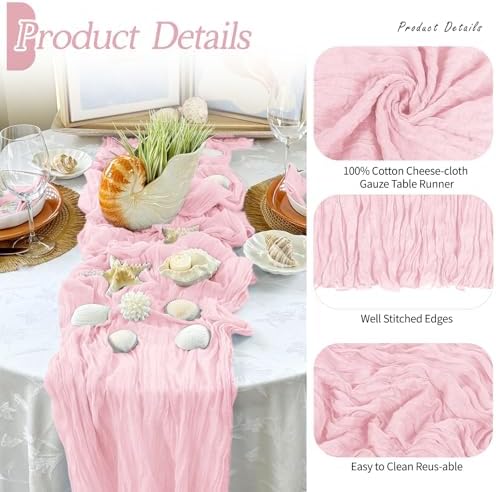 3 Pack Light Pink Cheesecloth Table Runner 17x108 Inch Semi Sheer Boho Gauze Cheese Cloth Fabric Table Runners Table Decor for Wedding Party Baby Shower Birthday Home Decor Garden Farmhouse - Image 3