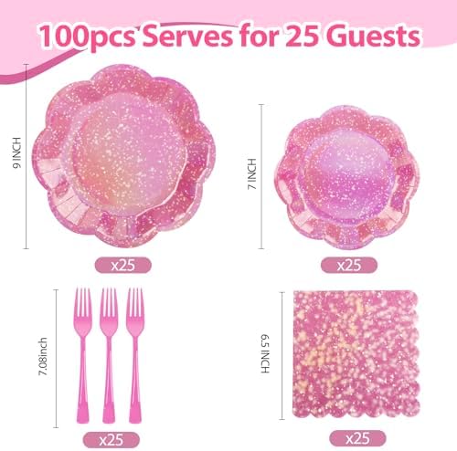 100Pcs Hot Pink Paper Plates and Napkins Party Supplies,Iridescent Disposable 9inch Plates,7inch Dessert Plates and Napkins and Forks,Holographic Tableware for Birthday Wedding Anniversaries,Serves 25 - Image 3