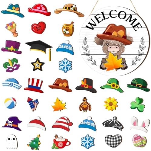 Vicenpal 35 Pcs Fall Interchangeable Highland Cow Welcome Sign, White by Vicenpal